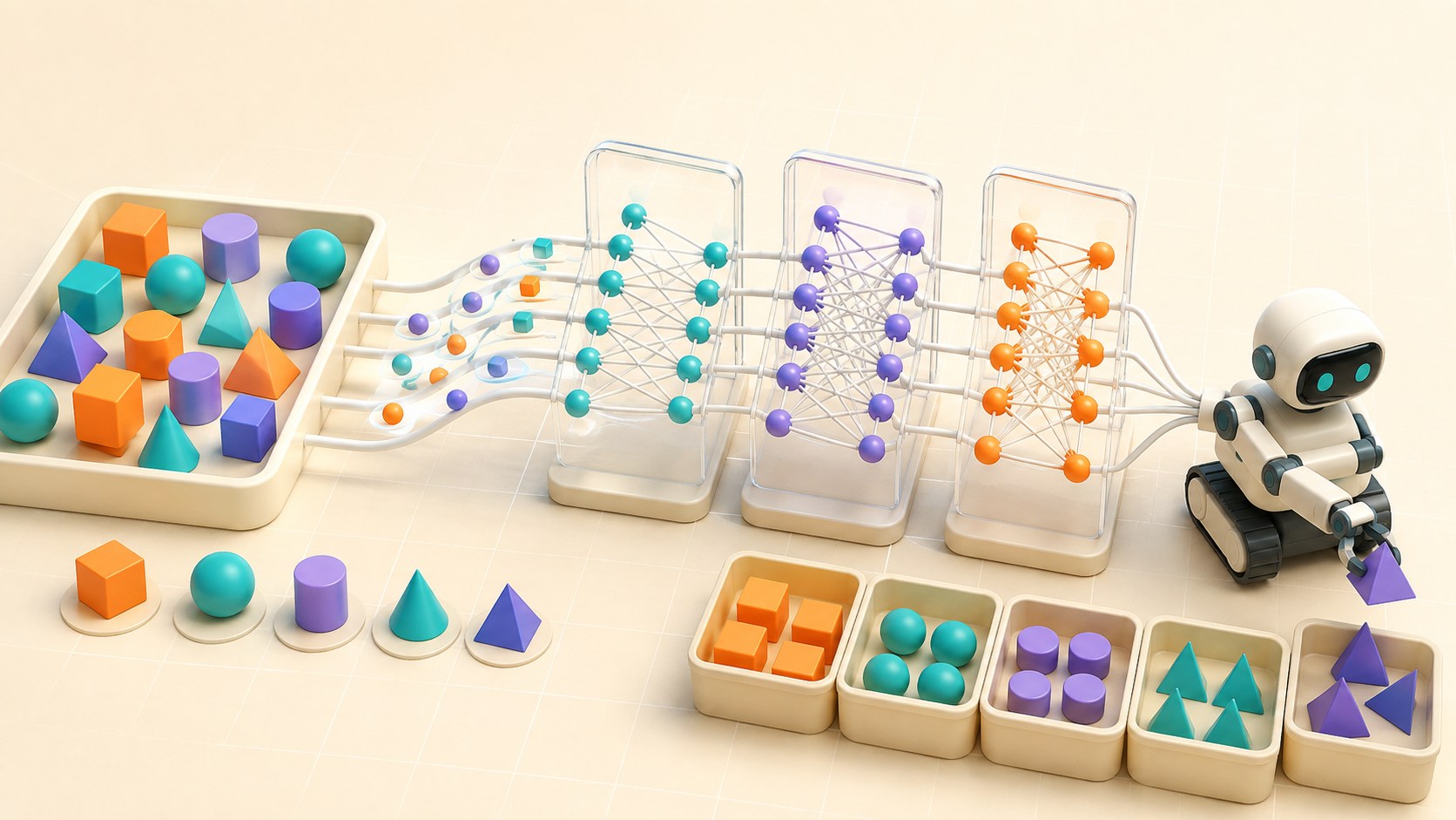 Three-dimensional machine-learning pipeline sorting colored shapes after learning from examples