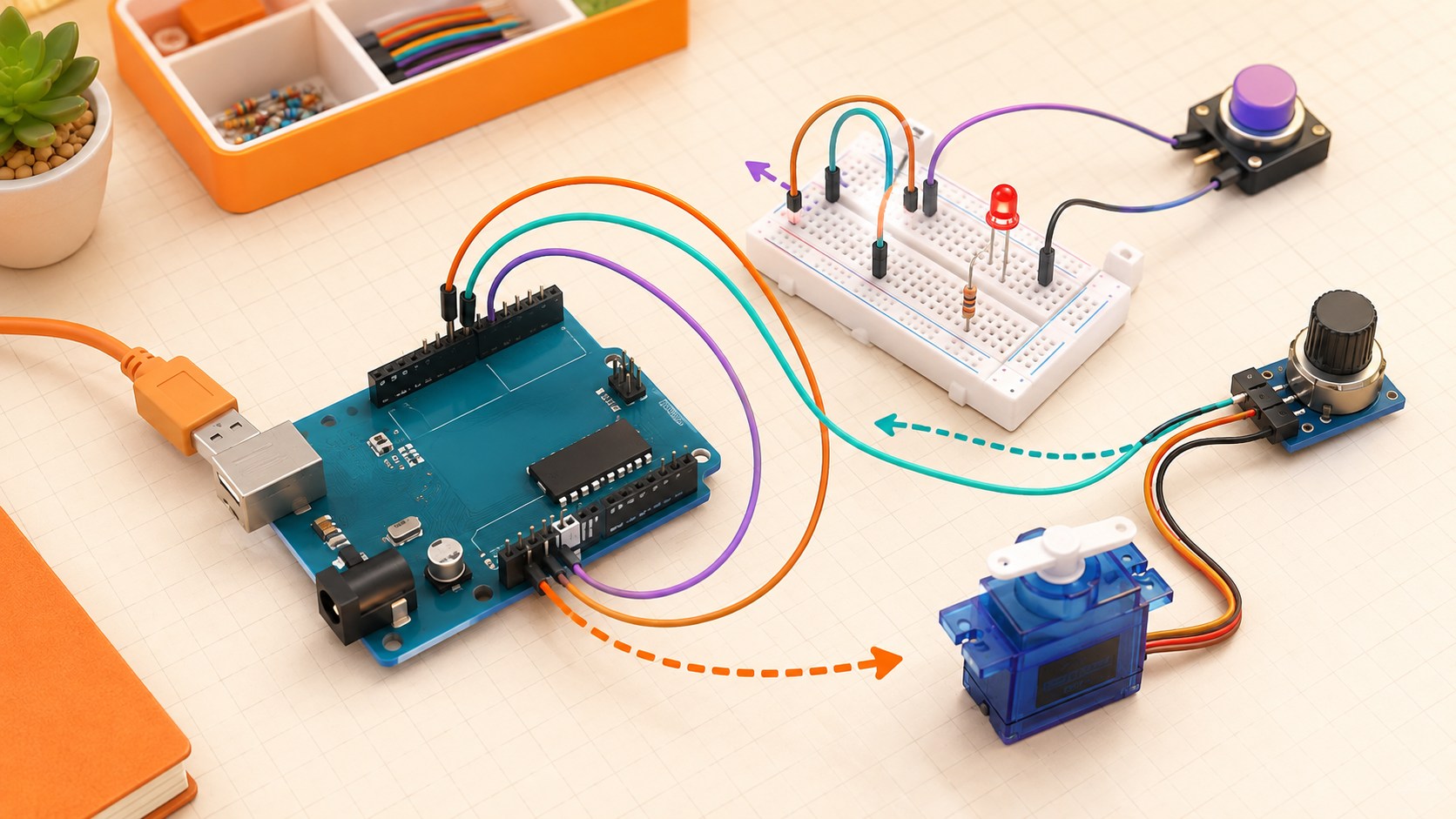 Three-dimensional microcontroller prototype with button, potentiometer, LED, resistor and servo