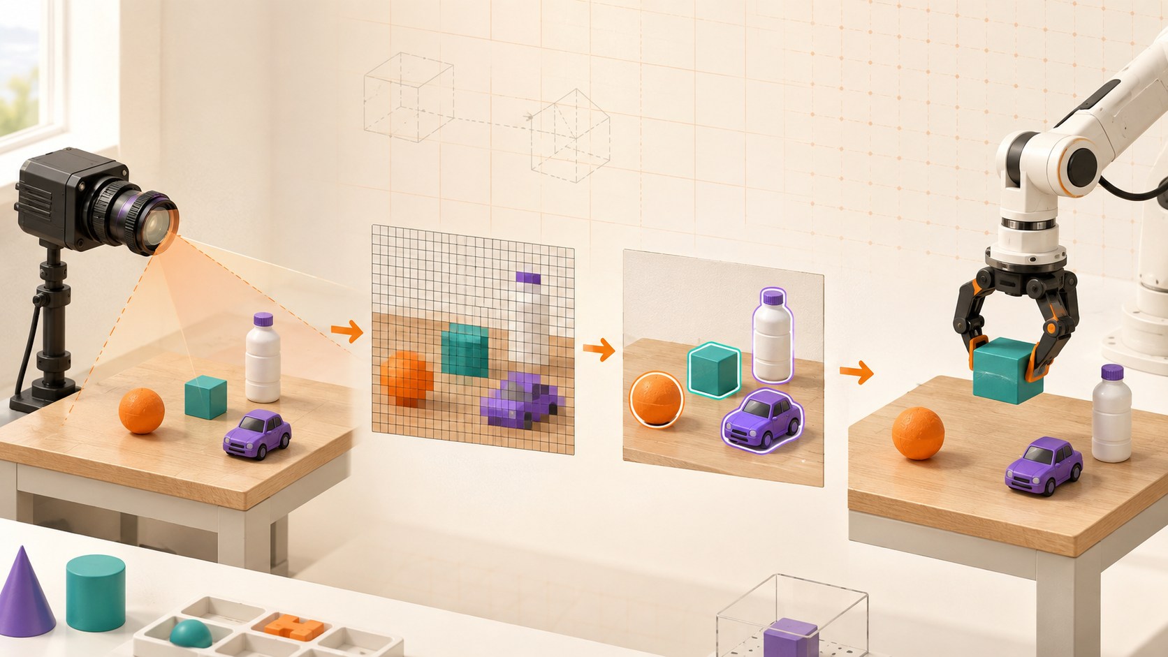 Three-dimensional computer vision pipeline from camera and pixels to detected objects and robot action