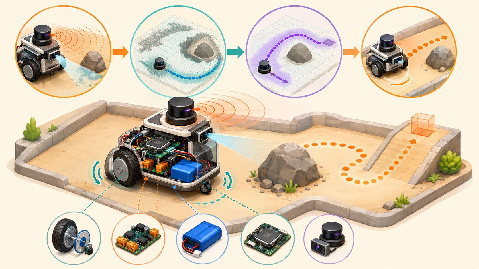 Technical illustration representing a mobile robot development sequence