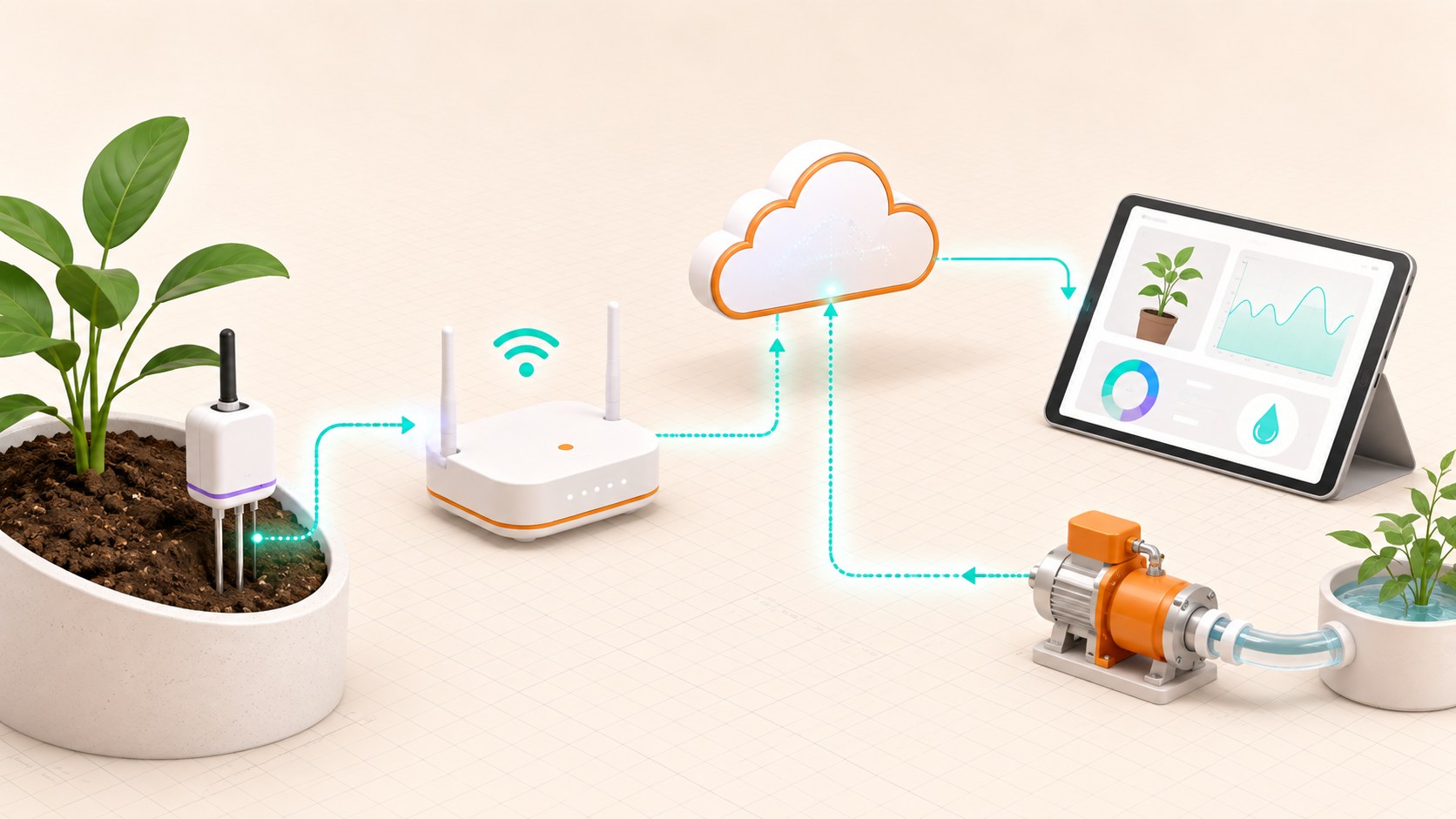 Three-dimensional Internet of Things system linking a plant sensor, gateway, cloud dashboard and water pump