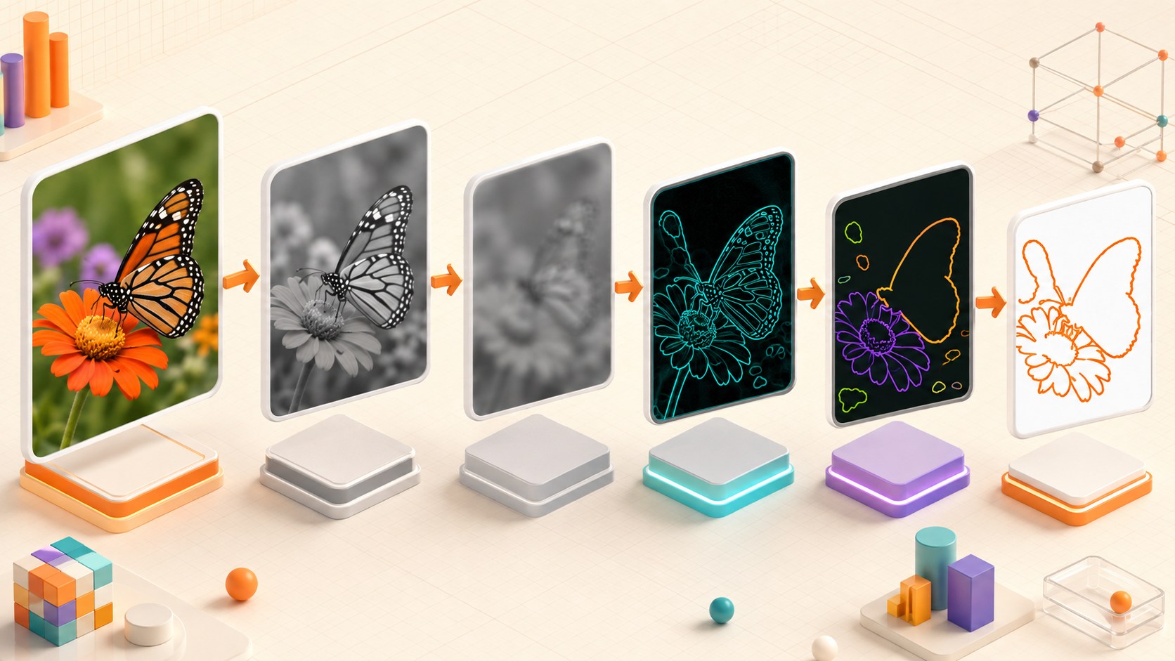 Three-dimensional sequence showing colour image, grayscale, blur, edges, contours and final outline