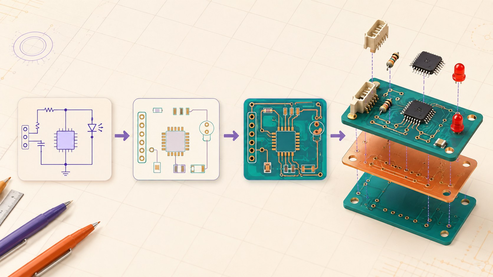Three-dimensional PCB workflow from schematic and footprints to routed copper layers and assembled board