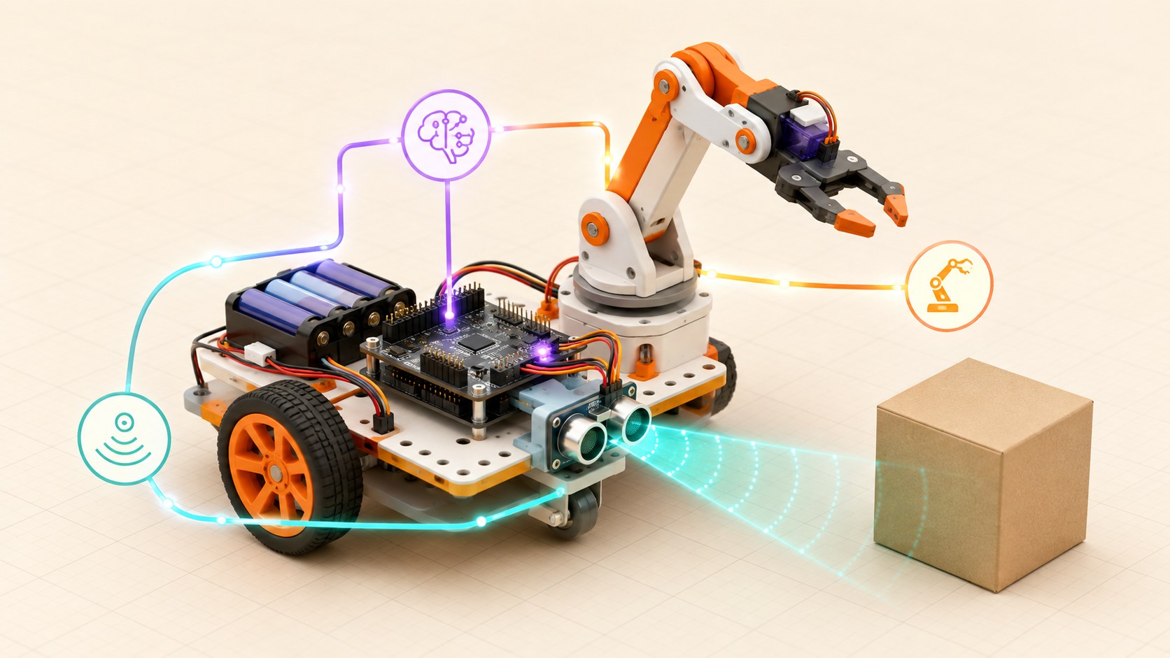 Three-dimensional educational model of a mobile robot sensing a box and controlling its wheels and arm