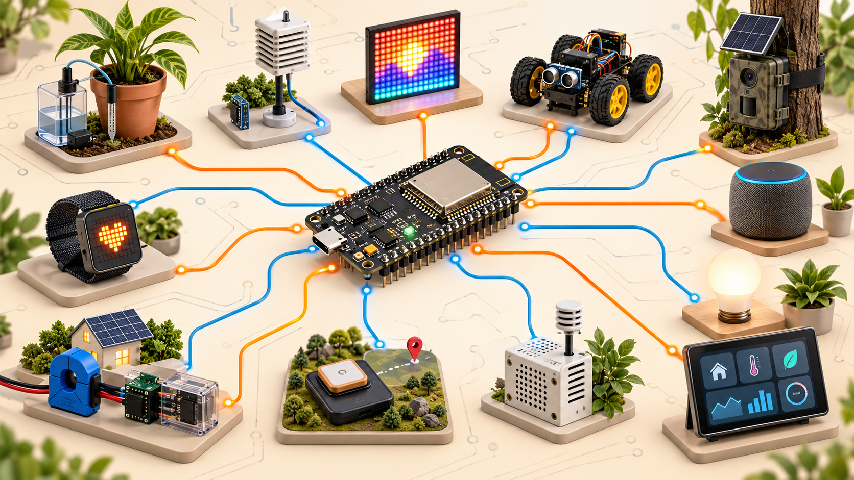 Concept illustration of an ESP-style board connected to student projects including a plant monitor, robot, camera, wearable, sensors and dashboard